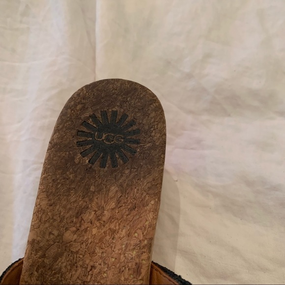 Ugg cork fringe black suede peep toe wedge platform sandals shoes size 7 heels - Picture 7 of 9